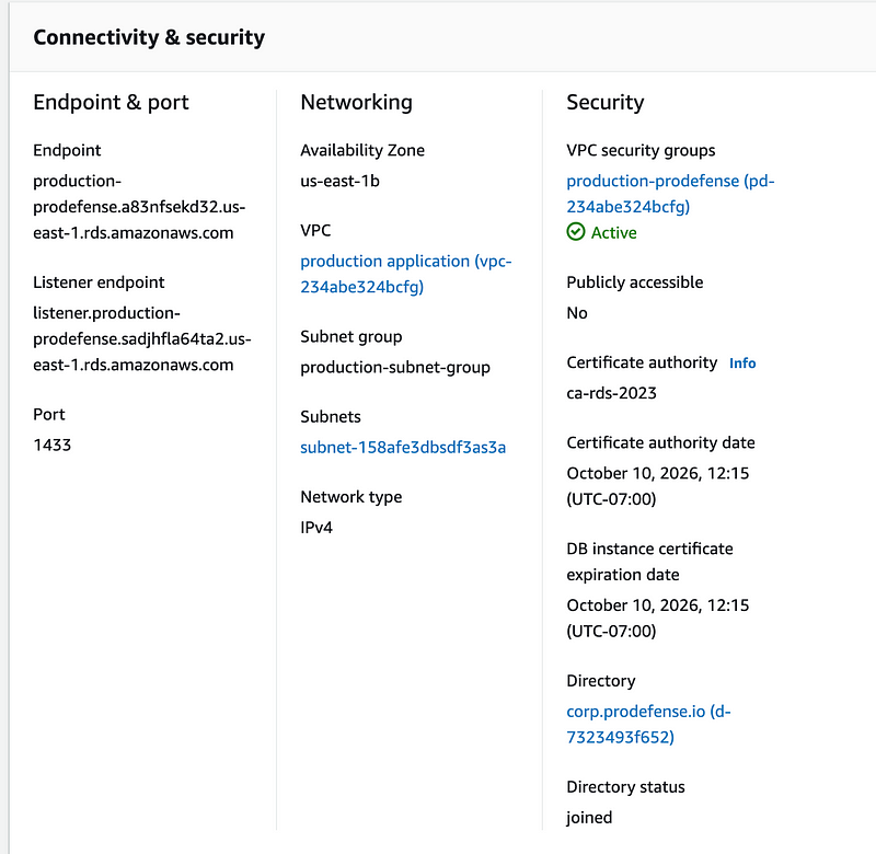 Example RDS database on network domain corp.prodefense.io